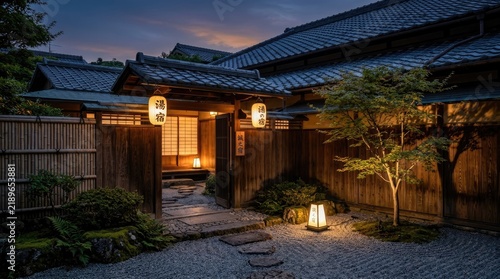 Traditional japanese ryokan inn exterior at twilight with warm lantern lighting