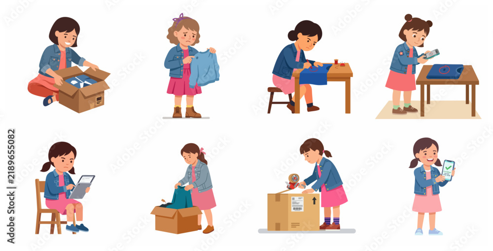 Fototapeta premium Set of illustrations of a little girl selling second-hand clothes online, including inspecting, taking photos, packing, and shipping.