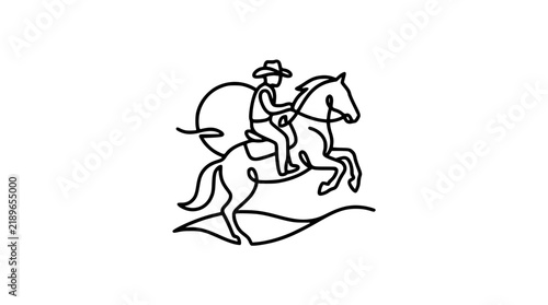 Minimalist Continuous Line Drawing of Cowboy Riding a Jumping Horse at Sunset for Wild West Ranch Logos and Western Theme Creative Graphic Designs