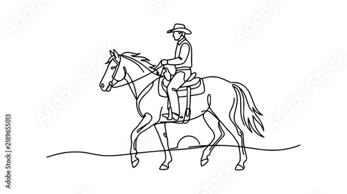 Continuous One Line Drawing of Cowboy Riding a Walking Horse at Sunset for Wild West Ranch Branding Logos and Western Theme Creative Graphic Designs