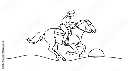 Continuous One Line Drawing of Cowboy Riding a Galloping Horse in Desert Sunset for Wild West Ranch Logos and Western Theme Creative Graphic Designs