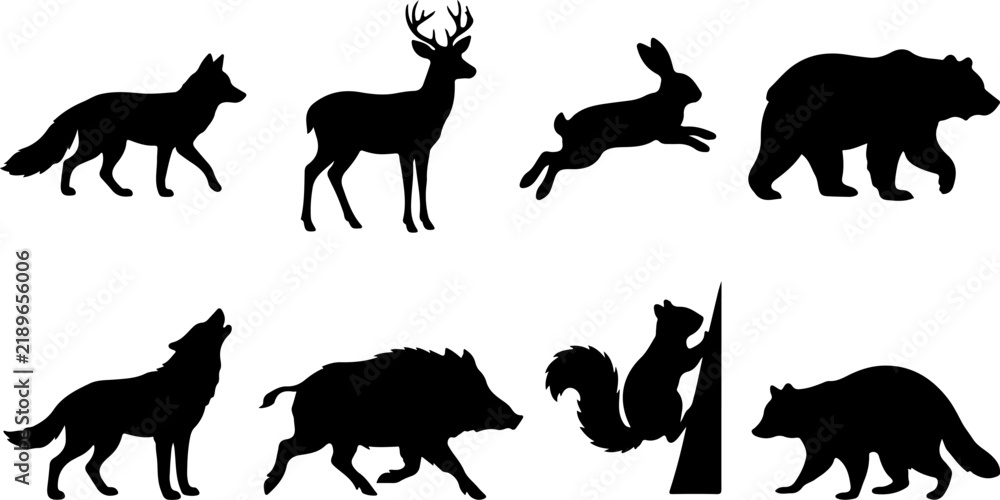 Obraz premium Set of wild forest animal silhouettes vector illustration