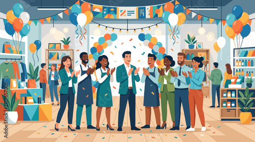 Diverse retail store team celebrating a successful new shop opening with cheerful applause, colorful balloons, and festive confetti decorations in...