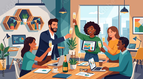 Flat vector illustration of a diverse business team celebrating a successful project launch with champagne toasts in a modern office environment