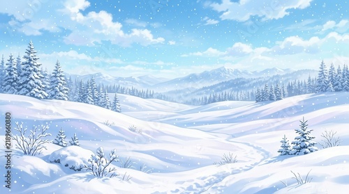 Realistic winter landscape featuring snowdrifts and a blizzard with wind.