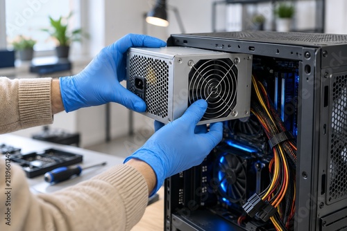 Professional technician wearing blue gloves installing a power supply unit into a desktop PC.