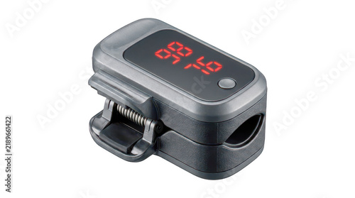 Konstfotografi Digital finger pulse oximeter with grey casing showing red blood oxygen level and heart rate