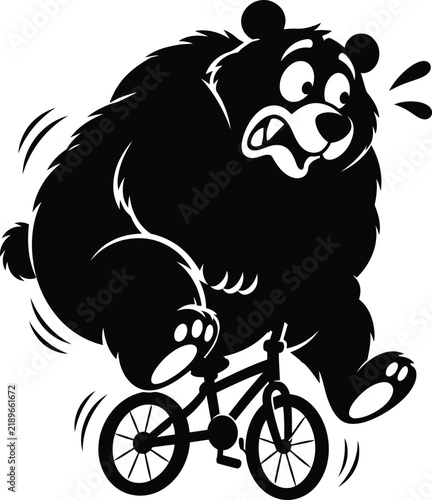 Humorous illustration of a large black bear comically riding a small bicycle with a scared expression