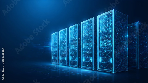 Data center technician working on server racks in a modern data center with digital infrastructure