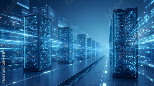 Data center technician working on server racks in a modern data center with digital infrastructure