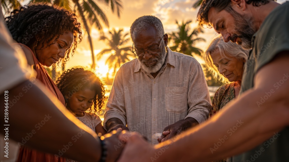 Fototapeta premium A multiethnic community of people praying together at sunset to symbolize hope and spiritual support.