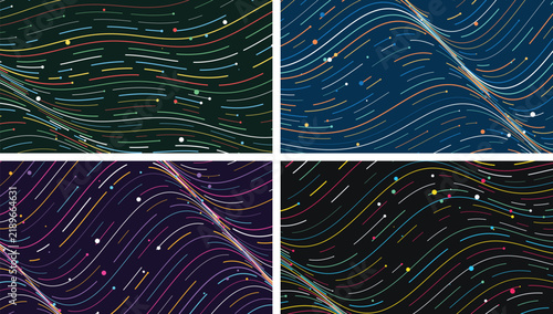 Four abstract backgrounds featuring flowing multicolored wavy lines and small circular dot particles