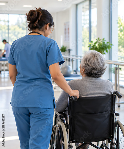 Caregiver pushing elderly woman in wheelchair down hospital hallway nurse