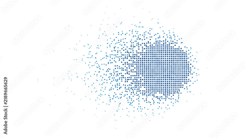 Obraz premium Blue fine pixel mosaic circle dissolve disintegration left tail abstract background on transparent background