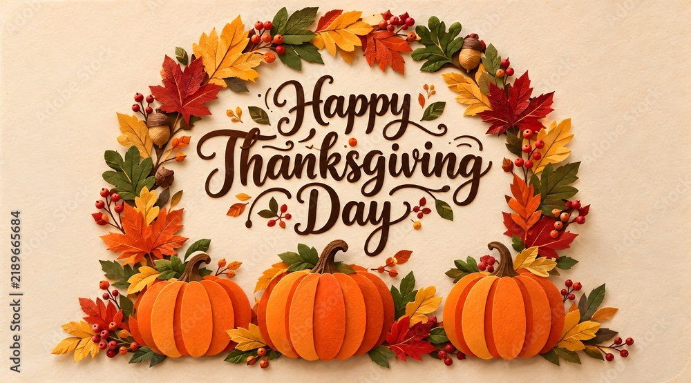 Fototapeta premium Happy thanksgiving day arch frame made of autumn leaves and pumpkins