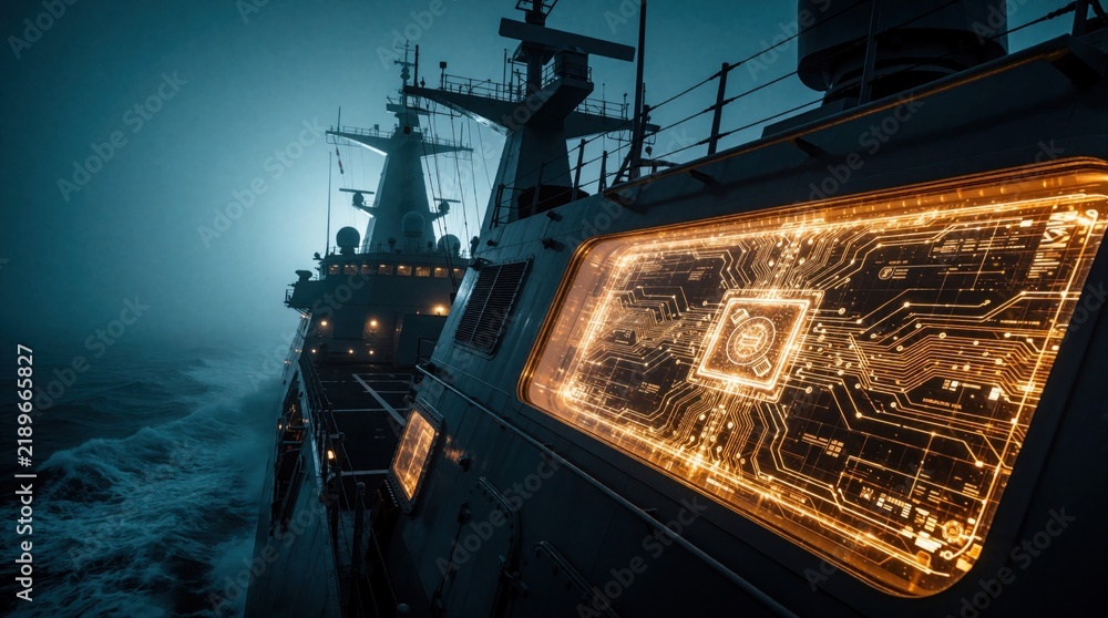 Obraz premium Modern warship sails through misty ocean at night. Integrated circuit board glows on window, suggesting advanced cyber warfare capabilities and high-tech naval operations.
