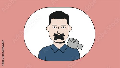Portrait of a man with his mouth taped shut with a black duct tape cross symbol, representing censorship or silence.