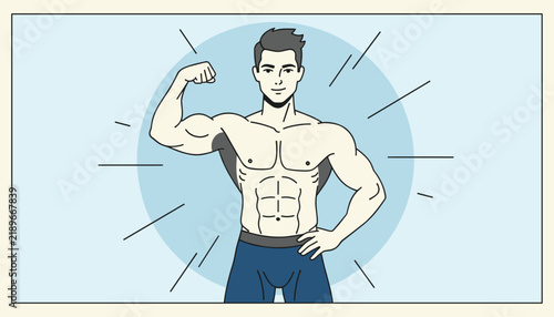 Athletic young man showing his strong biceps and six-pack abdominal muscles, representing fitness and bodybuilding.