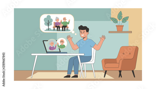 Young man sitting at his desk at home and waving to his grandparents during a friendly video call on his laptop.