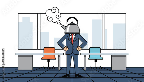 Stressed businessman with a boiling metal kettle instead of a head, standing in his office representing burnout.