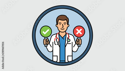 Friendly male doctor holding a green checkmark sign and a red cross sign, offering professional medical advice.