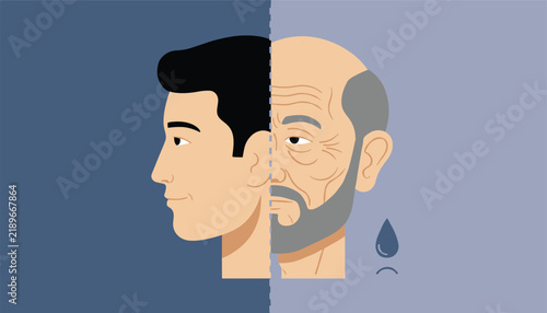 Face split of a young man and an old man with a tear symbol, illustrating aging, getting older, or passing time.