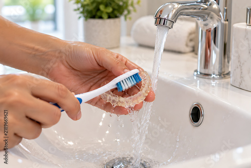 Person cleaning a clear orthodontic aligner with a toothbrush under running water