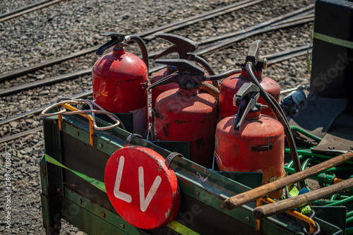 Obraz na płótnie Fire Extinguishers Railway Flatbed Wagon Industrial Vintage Safety Equipment Vin