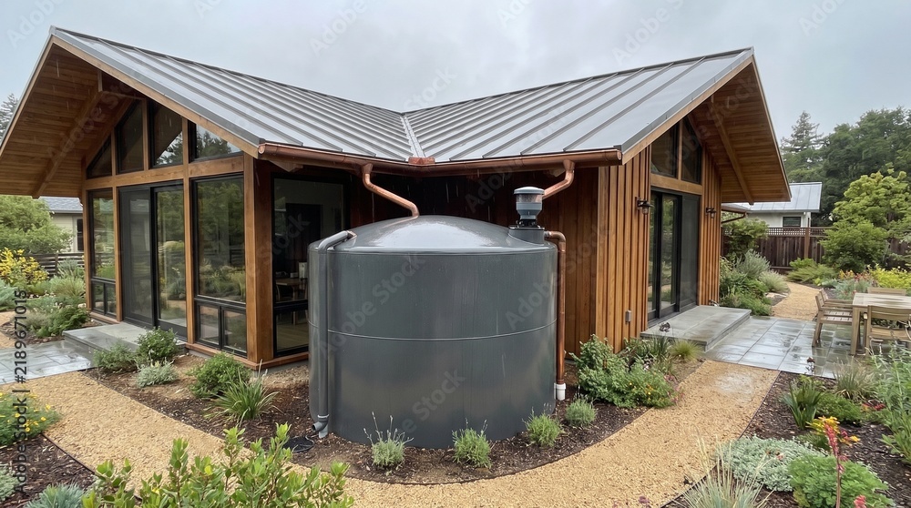 Obraz premium Residential Rainwater Harvesting System Tank Installed Beside Modern Wooden House