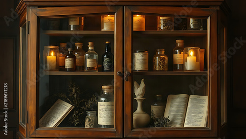 Antique curio cabinet with apothecary bottles and herbs, heritage and tradition concept