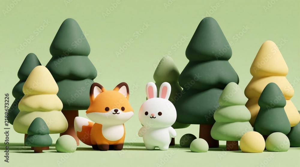 Fototapeta premium Cute fox and bunny friends stand together in a whimsical forest. Stylized trees and soft pastel colors create a gentle, dreamy woodland scene. Adorable animal characters in a sweet, simple setting.