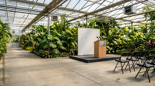 Empty podium and chairs for a sustainable business conference in a lush tropical greenhouse nursery setting for environmental summits