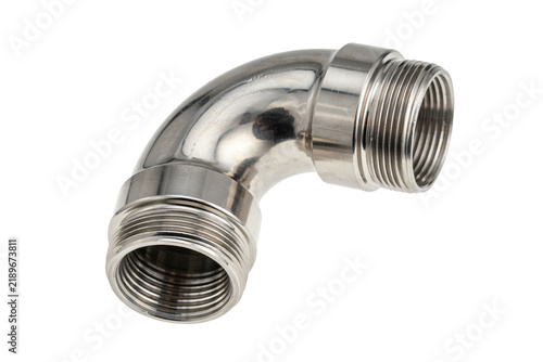 Stainless steel ninety degree elbow pipe fitting with threaded ends for plumbing and industrial connections isolated on a transparent background
