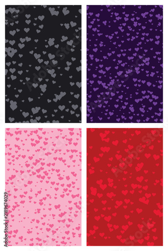 Four vertical panels with scattered heart patterns in black, purple, light pink, and deep red colors