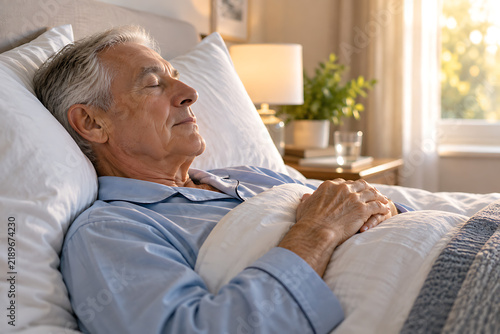 Senior man peacefully sleeping in bed within a softly lit bedroom setting
