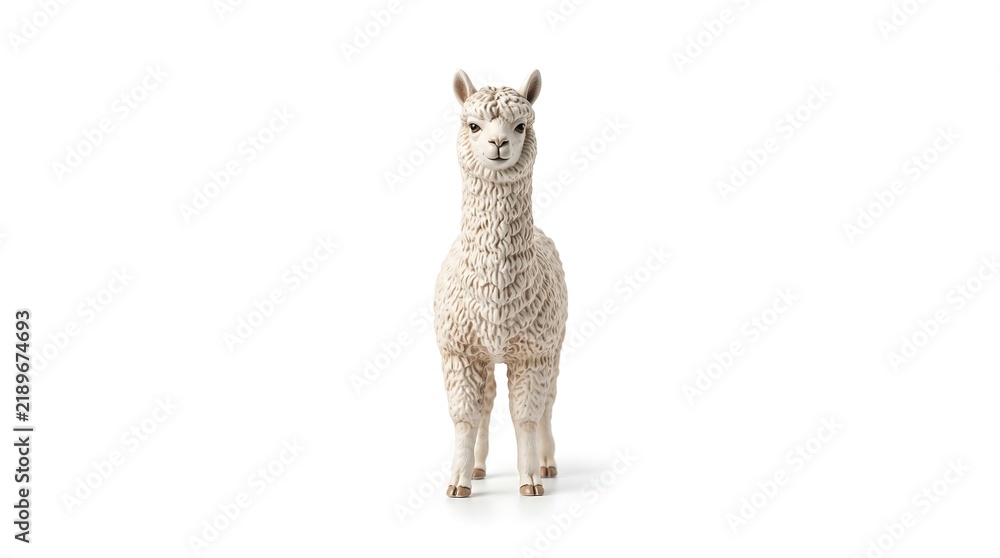 Obraz premium Alpaca figurine, front view, isolated on pure white background, hyperrealistic studio product photography