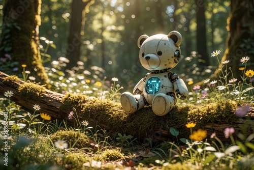 Robot teddy bear sits on mossy tree in forest glade with wildflowers. Futuristic toy has glowing tech panel on its chest. Gentle sunlight filters through green trees creating peaceful woodland scene.