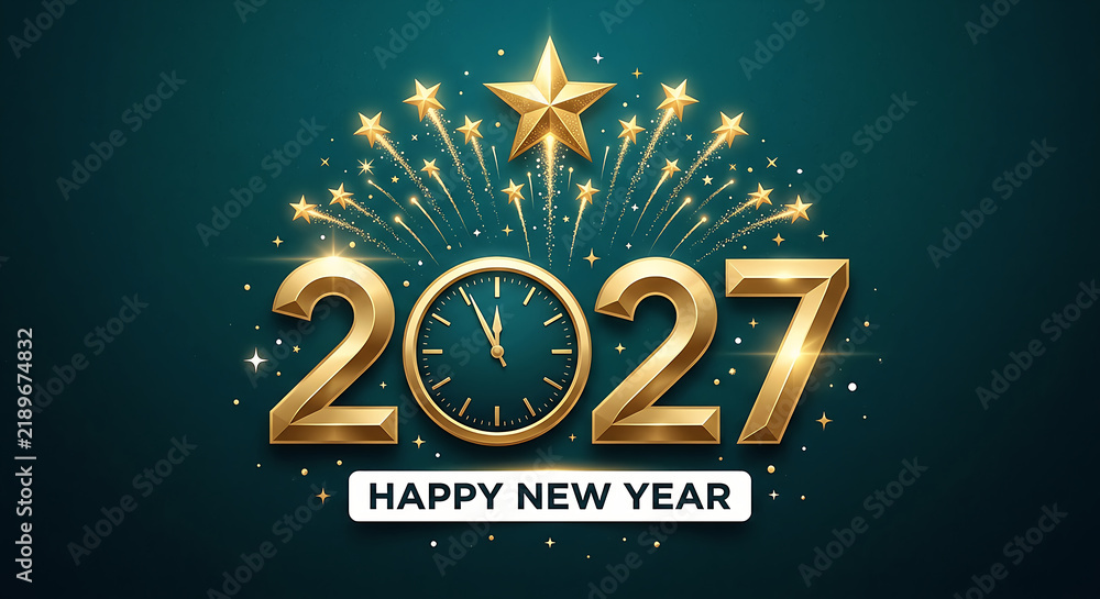 Naklejka premium Golden numerals two zero two seven with a clock and starbursts celebrate the new year digits numbers calendar chronology time hour minute second hands