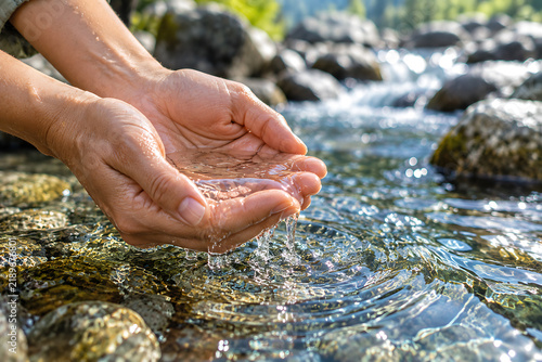 Hands cupped holding flowing water over rocky stream bed in a natural setting