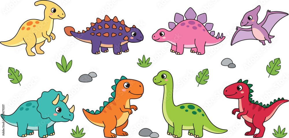 Fototapeta premium Cute cartoon dinosaurs vector illustration set, colorful prehistoric animal characters isolated on white background
