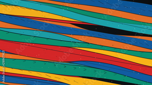Multicolored abstract waves with overlapping layers, black outlines, and speckled texture details