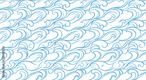 Seamless repeating pattern of stylized blue ocean waves on a clean white background design