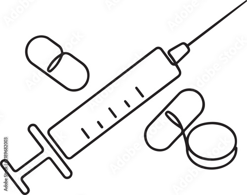 Continuous one line drawing of medicine in the medical syringe. Single line drawing illustration of Pills with syringe. Medical drugs concept vector art. one line art icon drawing