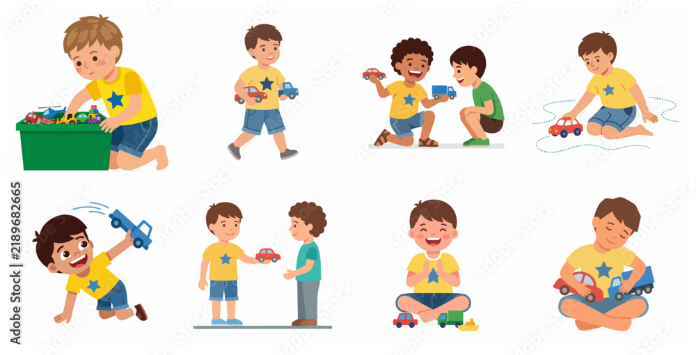 Fototapeta premium Set of Little Boys Playing with Toy Cars, Sharing and Tidying Up, Vector Cartoon Illustration of Children Preschool Activities