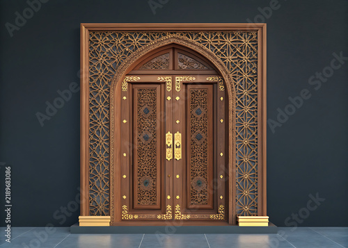 Traditional Indian wooden doorway with intricate geometric carving  dark walnut wood  premium minimal vector style