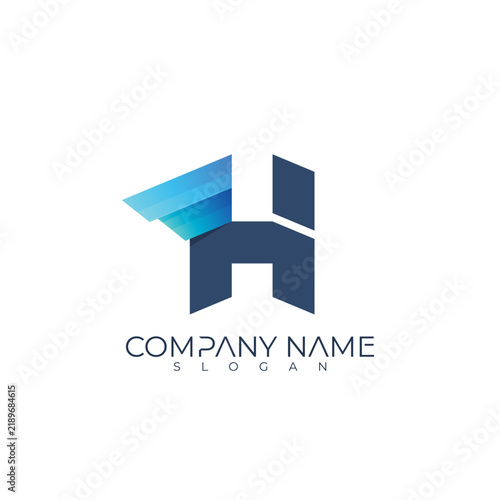letter H logo with wing design combination, blue color and simple design