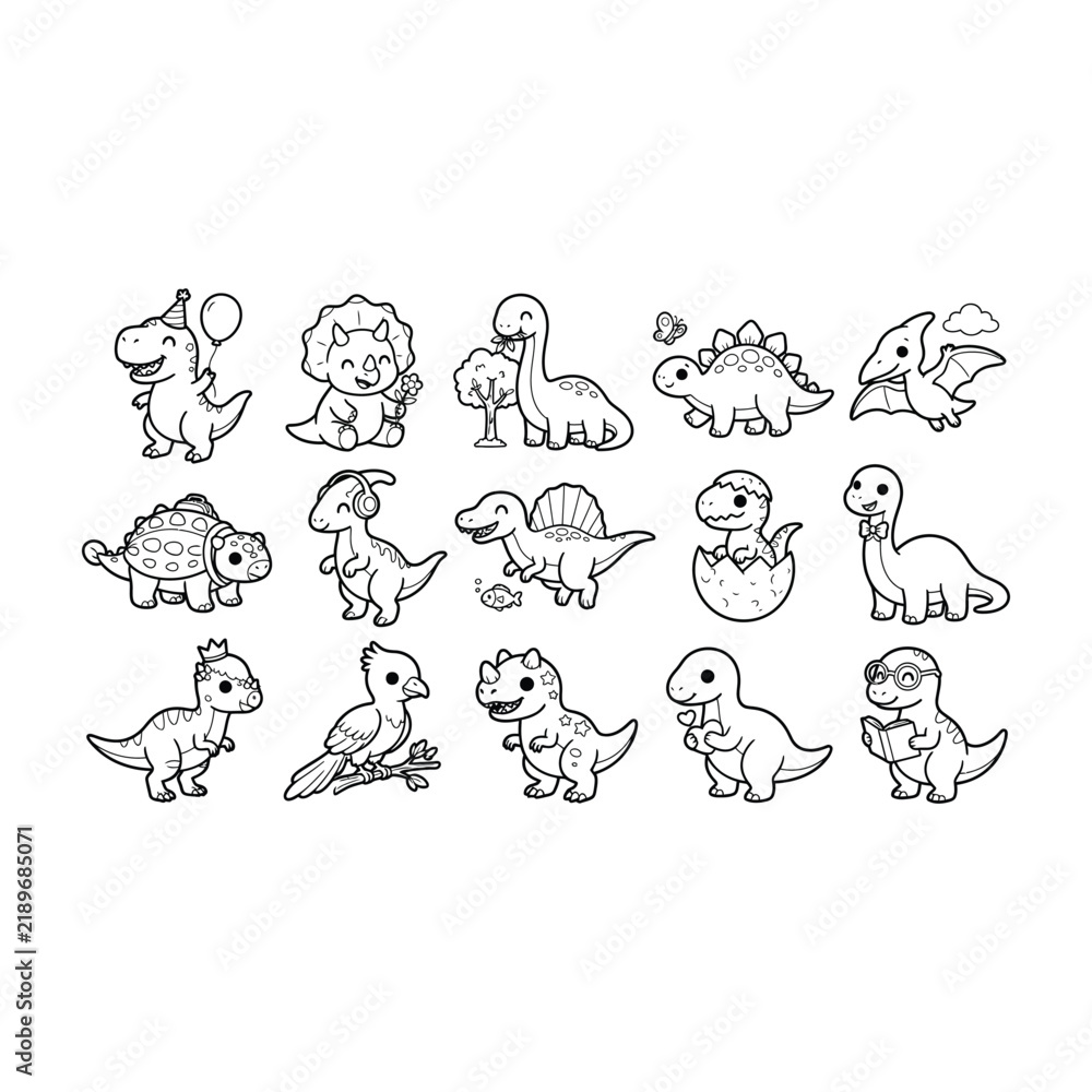 Obraz premium Kawaii Dinosaur Vector Collection for Coloring Books.