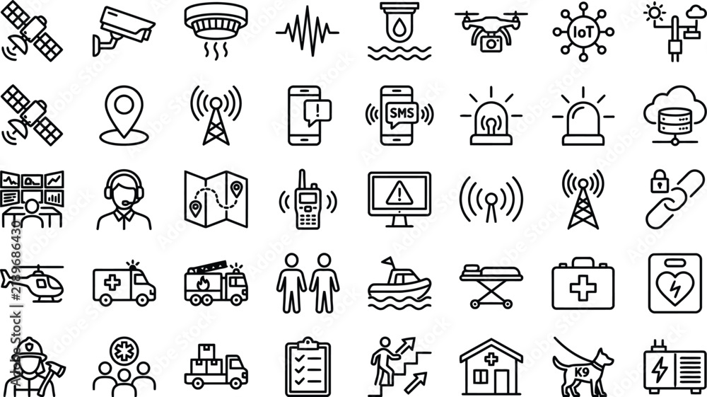 Fototapeta premium Emergency response icons collection linear style on a white background