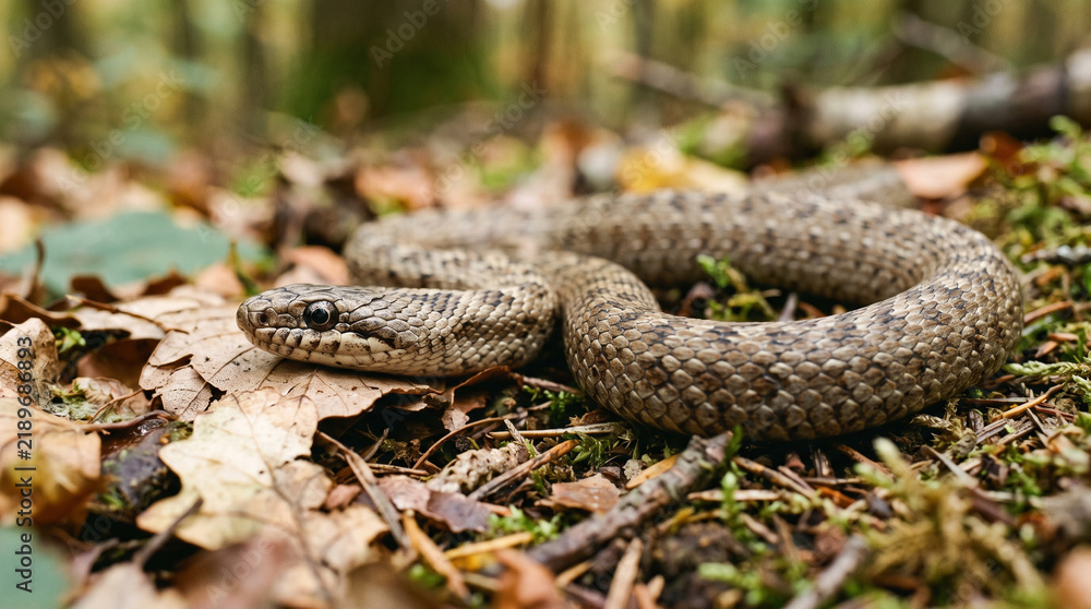 Fototapeta premium wild snake resting on forest floor among fallen leaves