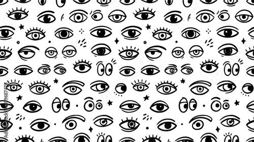 Brush drawn eyes seamless pattern. Hand drawn vector ornament with various opened eyes. Modern hipster style, primitive or naive drawing. Cartoon seamless pattern with parts of faces.